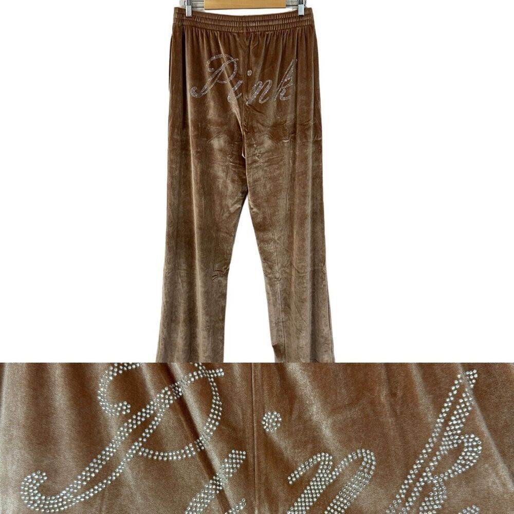 PINK Victoria's Secret Y2K Large Velvet Shine Pants Brown Jewel Logo Womens